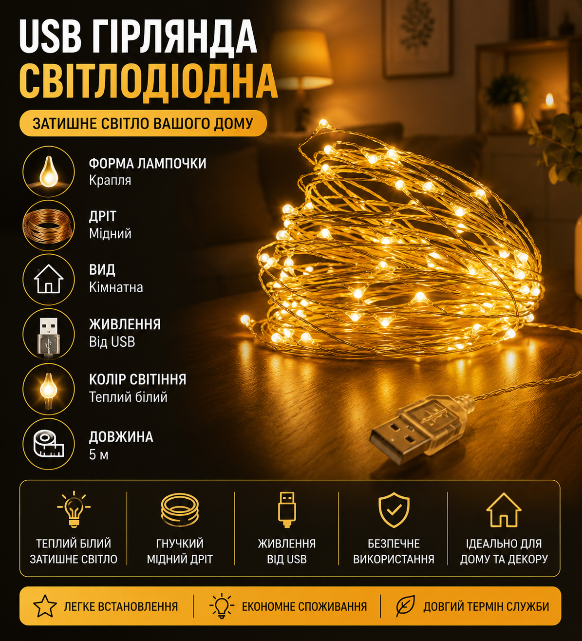 USB гирлянда 5 метров купить Украина